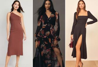 Collage of midi and long petite wedding guest dresses.