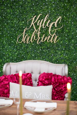 Gold Script Sweetheart Table Sign on Greenery Wall