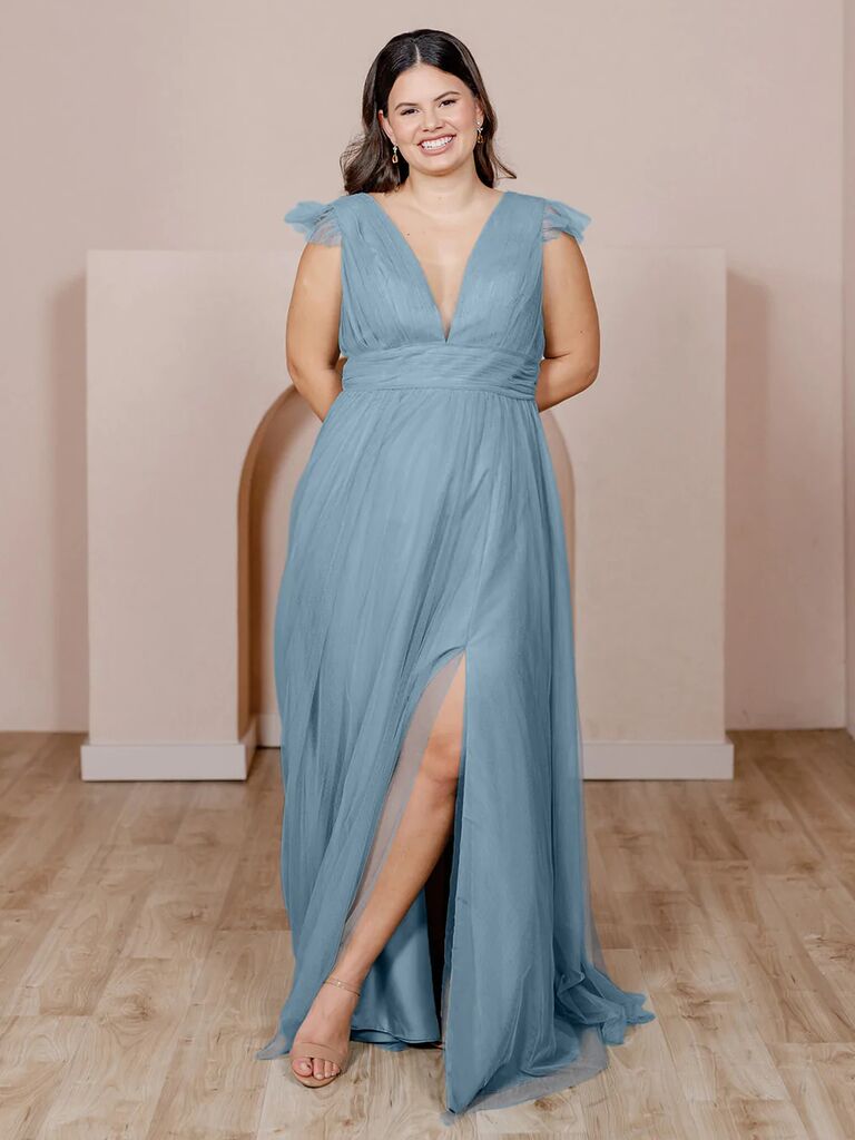 Revelry dusty blue long bridesmaid dress for winter weddings
