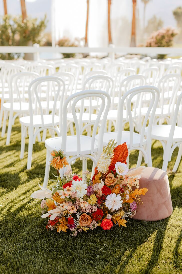 Bright, Bold Flower Arrangement on Lawn Outdoor Ceremony With Retro Vibe