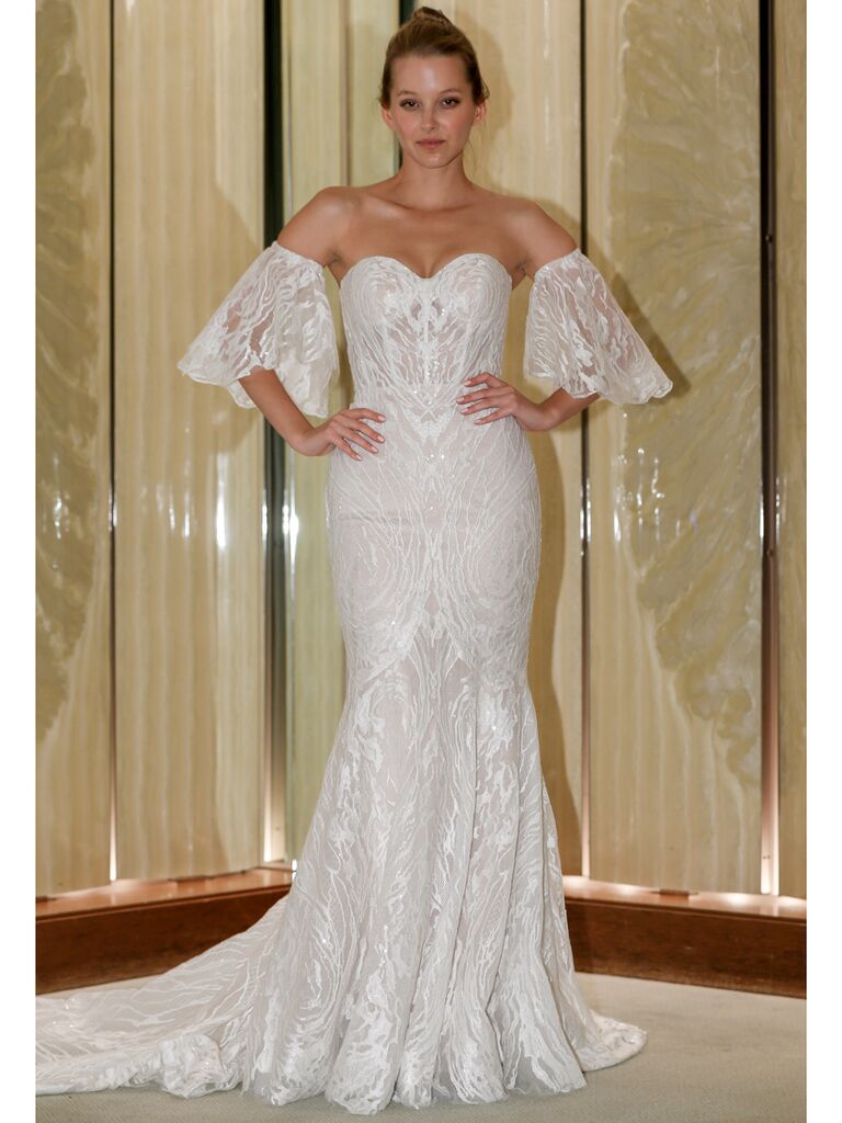 Randy Fenoli Fall 2019 Bridal Collection strapless sweetheart wedding dress with off the shoulder puff sleeves and floral embroidery