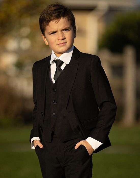 BLACKTIE "Liam" Onyx Black Suit (5-Piece Set) Flower Girl Dress and Ring Bearer Outfit - 1
