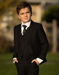 BLACKTIE "Liam" Onyx Black Suit (5-Piece Set) Flower Girl Dress and Ring Bearer Outfit