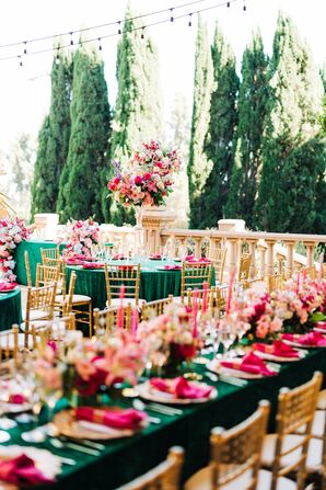 Vibrant Pink-and-Green Color Palette at Courtyard Reception, Candles and Flowers