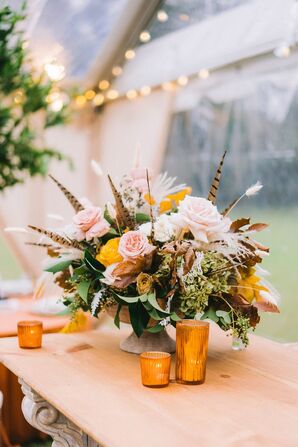 Rustic Flower Arrangement With Roses and Pheasant Feathers