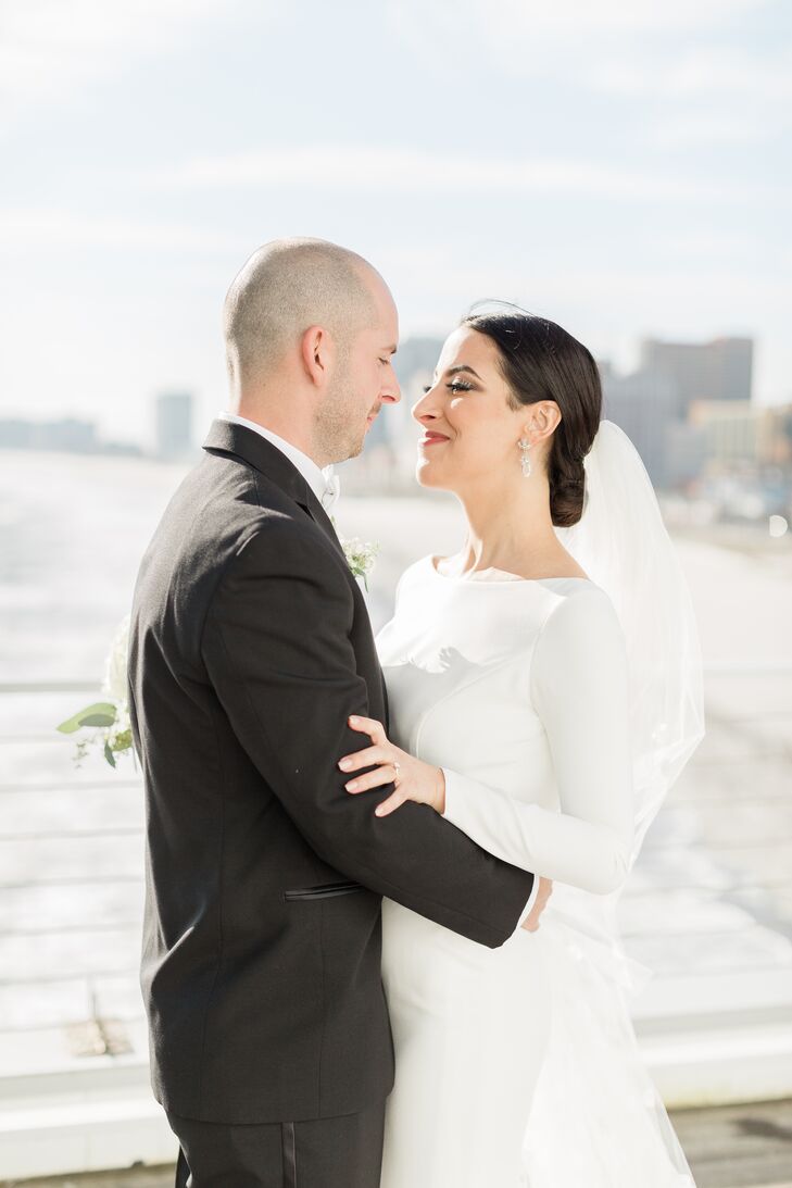 Bride in Long-Sleeve White Dress with Veil