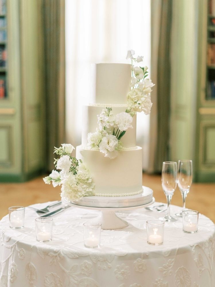 classic white wedding cake with white cake flowers