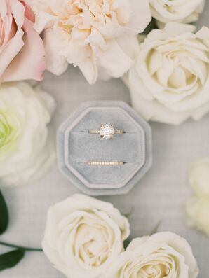 Brilliant-Cut Engagement Ring in Gold Setting Placed in Gray Velvet Box
