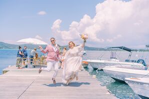 Couple Jumping for Joy After Ceremony at Ekies All Senses Resort in Greece