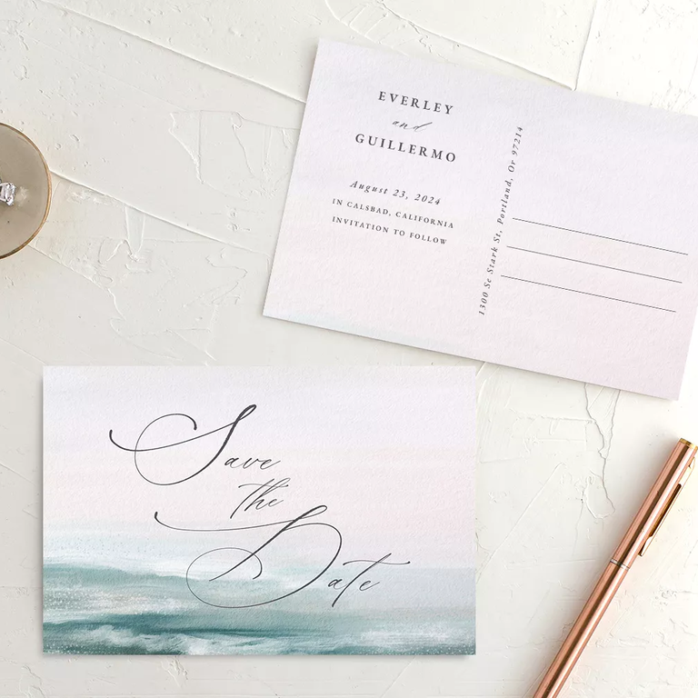Romantic waves save-the-date card