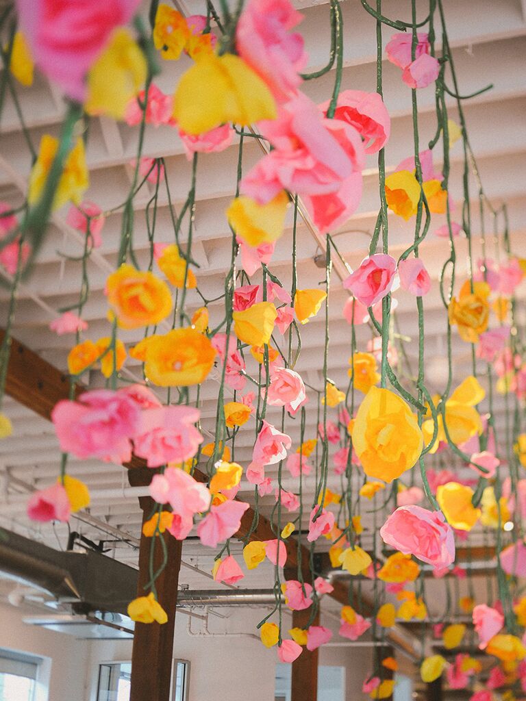 Pink and yellow paper flower decorations