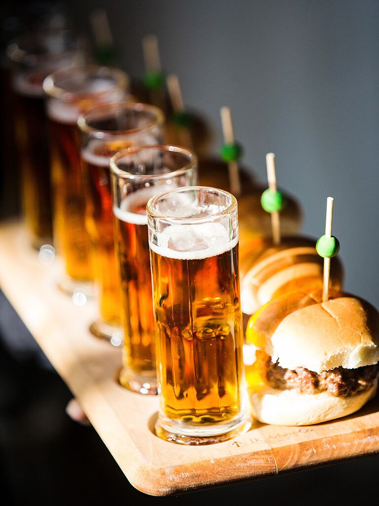 Hamburger slider wedding reception appetizer with beer shots
