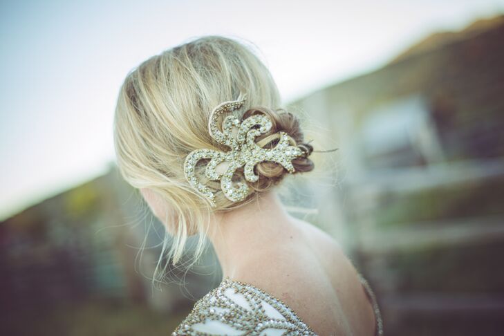 Kelsey didn't want to look like other brides. She found a photo of a vintage bride in a stunning sheath-style dress with bronze beading, and she knew she wanted something similar. She found exactly what she was looking for at a nonbridal store in New York City. The dress originally had long sleeves, but Kelsey had it altered and her bridesmaid, Ashley, made a hairpiece with the extra fabric.