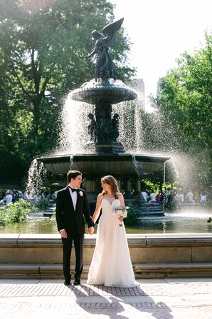 A Bride in a Sareh Nouri Wedding Gown and Groom in Tux in Central Park