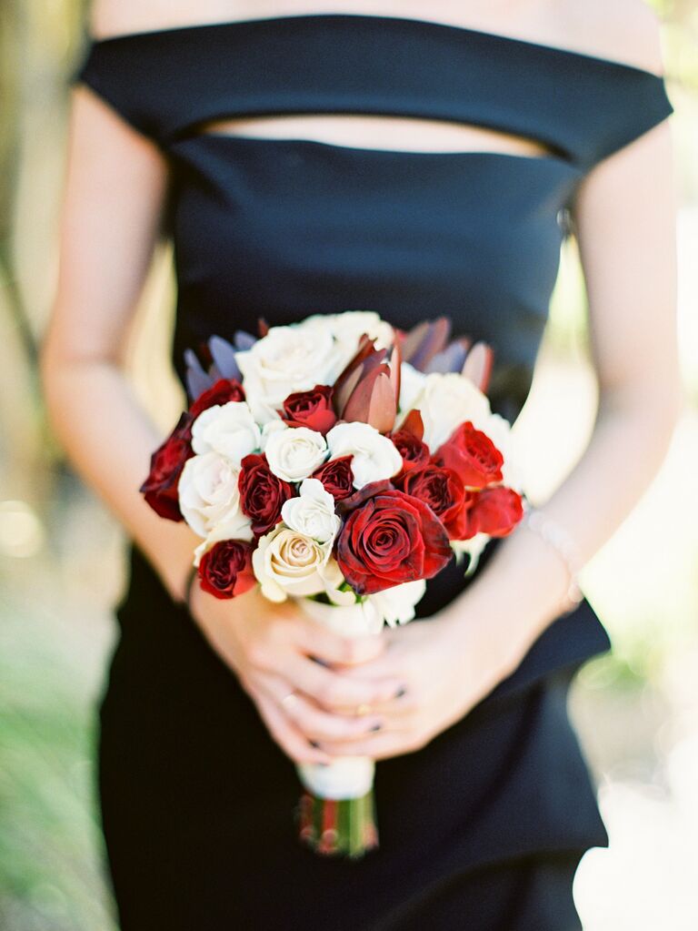 simple fall wedding bouquet with red and white roses
