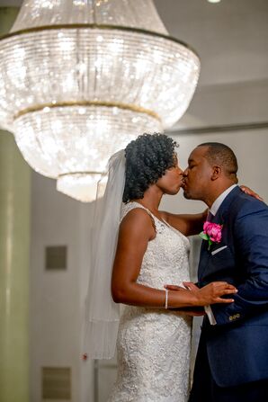 Newlywed Couple Portrait with Ballroom Chandelier