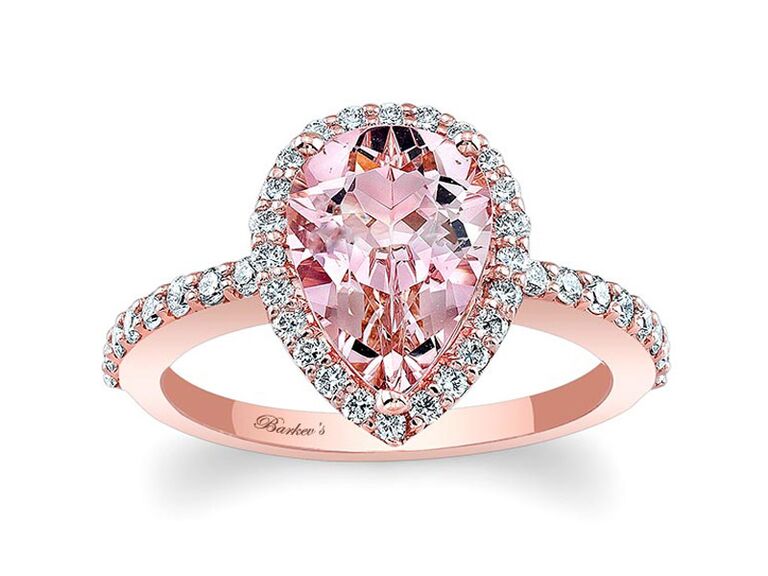 barkevs rose gold engagement ring with pear shaped morganite center stone round diamond halo and round diamond and rose gold band