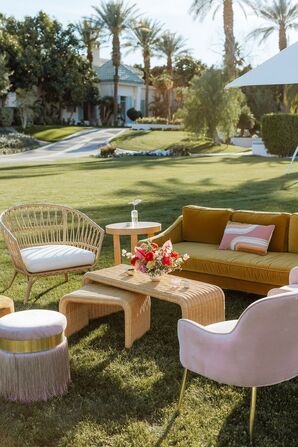 Vintage and Bright Lounge Set With Velvet Furniture, Rattan Table