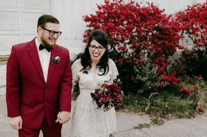 Bride with a Retro Half-Updo and a Groom in a Burgundy Suit