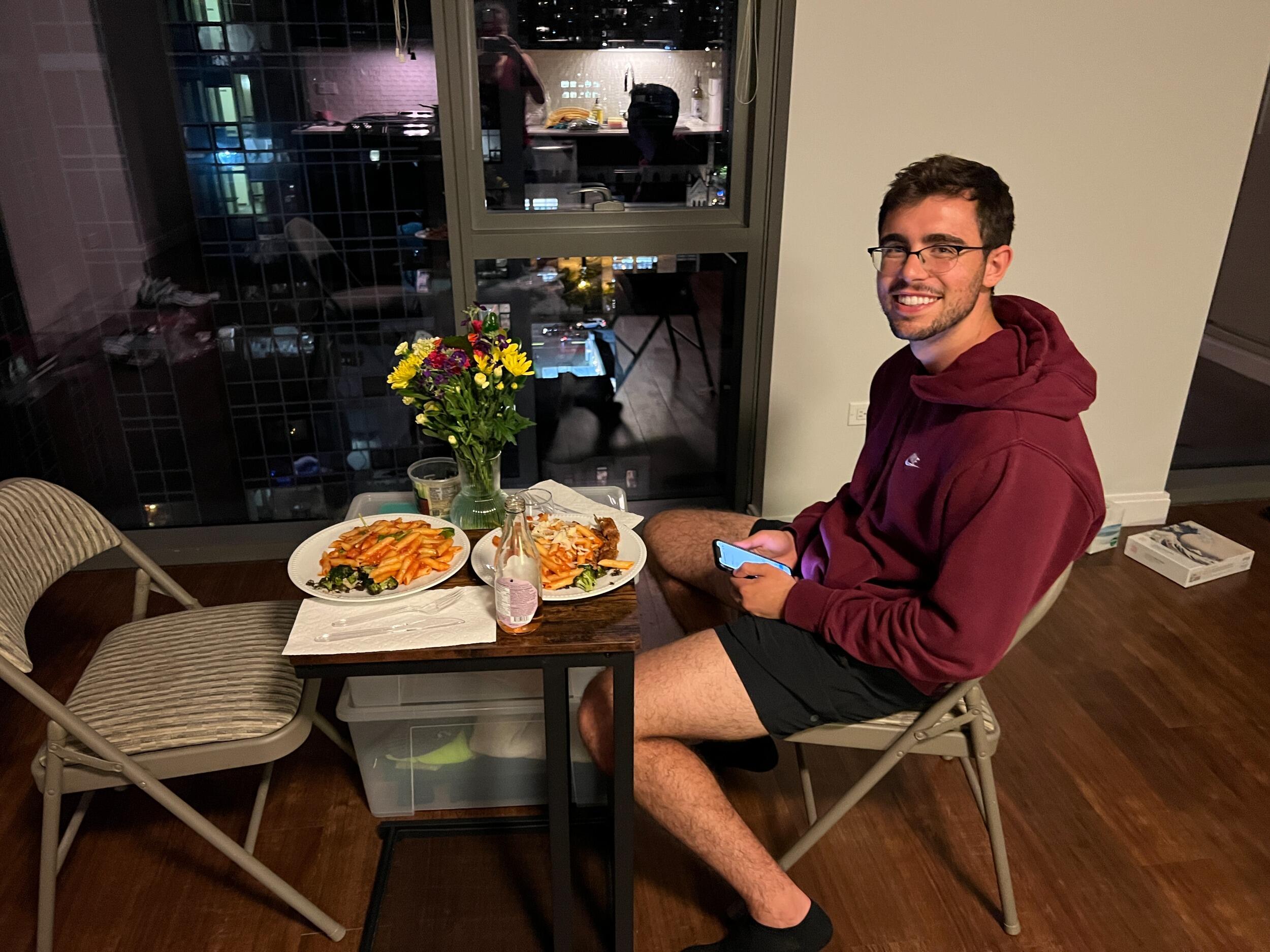 First meal at Lacey's first Chicago apartment. Folding chairs! 