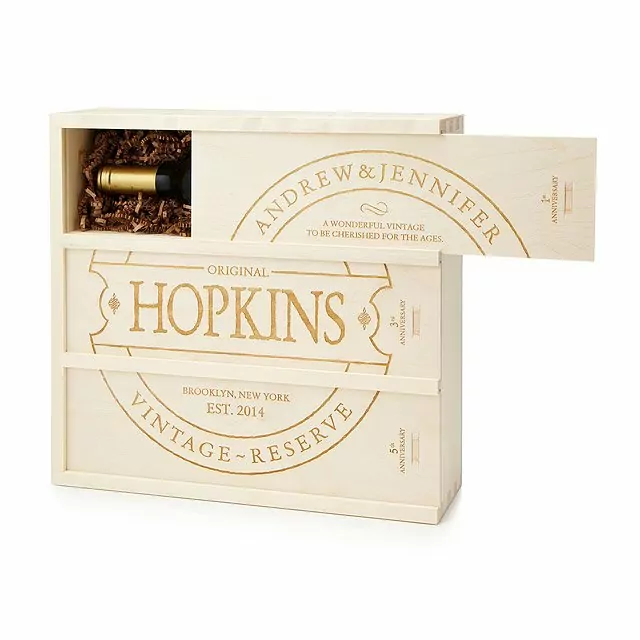 Personalized wine box from Uncommon Goods for your parents' best 50th wedding anniversary gift