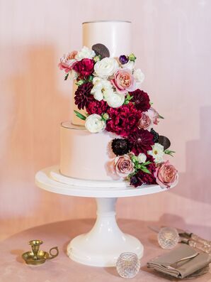 Wedding Cake With Burgundy and Blush Flowers