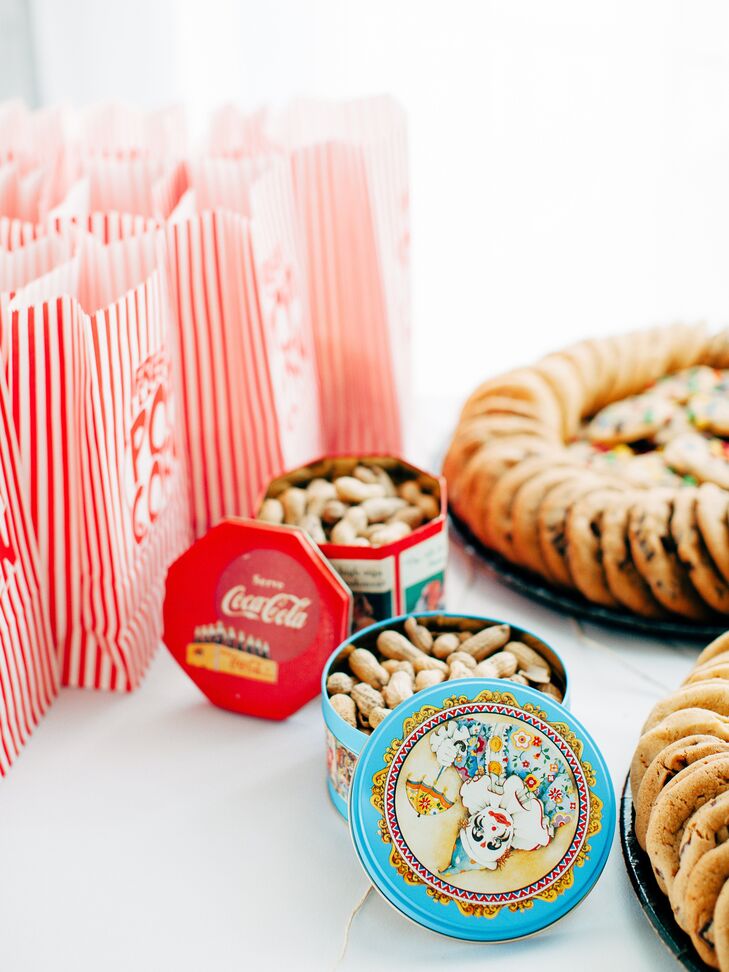 Keeping with the bold stripe theme, the couple served popcorn out of traditional packaging along with a few other snacks at the reception.