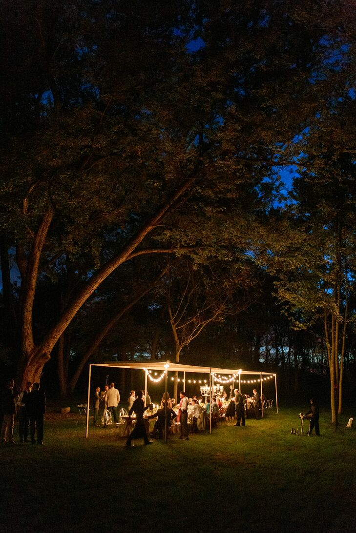 A Modern Farmhouse Reception at Night with String Lights