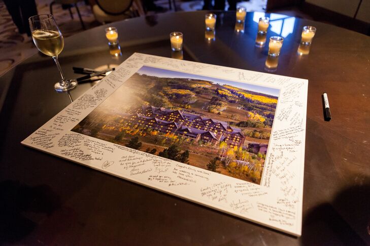 Guests signed a mounted photo of the wedding venue.