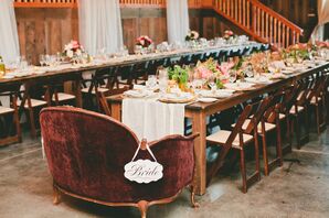 Burgundy Love Seat With "Bride" Sign