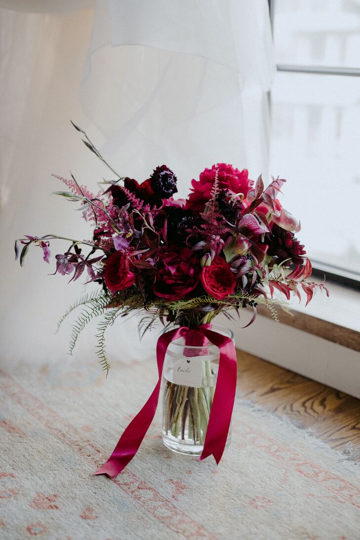 Burgundy Bouquet with Red Ribbon