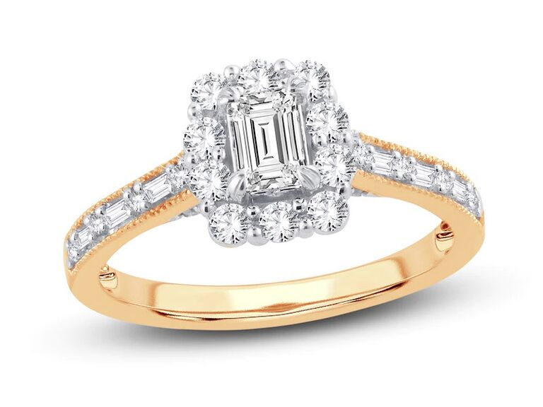kay emerald cut diamond engagement ring with round diamond halo baguette diamond shank and yellow gold band