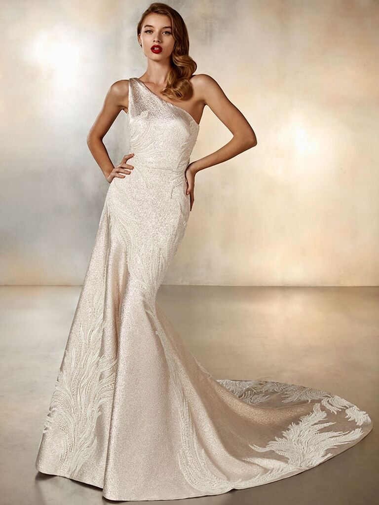 Atelier Provonias wedding dress one-shoulder gold trumpet gown