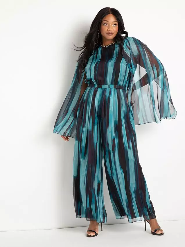 A model shows off this modern striped blue-and-black jumpsuit.