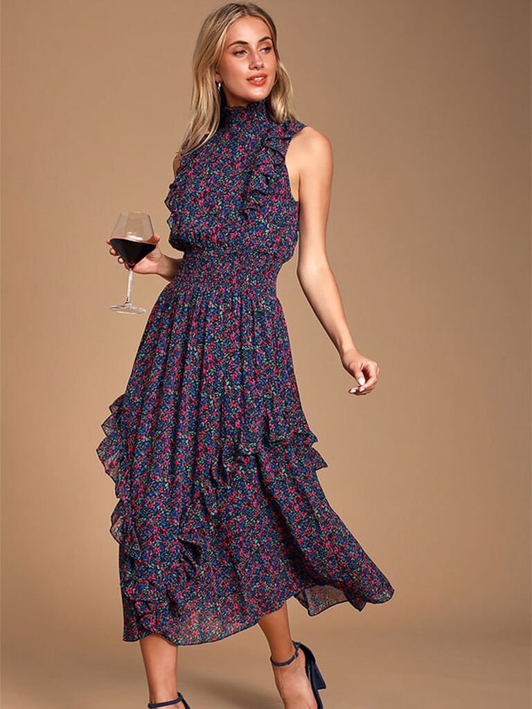 Multi color ruffled mock neck midi fall wedding guest dress