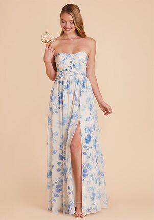 Birdy Grey Grace Chiffon Dress in Blue Rococo Floral Strapless Bridesmaid Dress