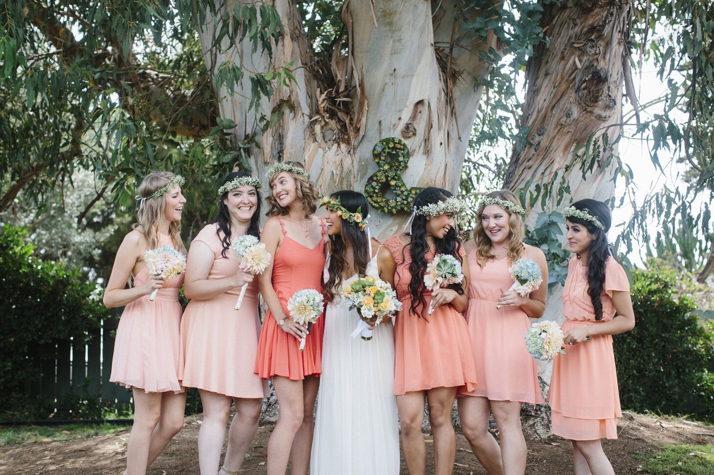 Coral Bridesmaid Dresses and Flower Crowns