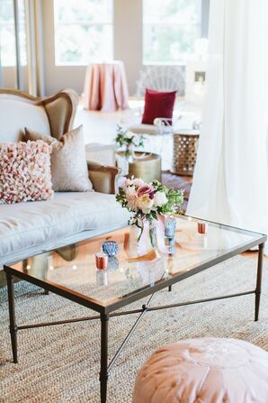 Modern Cocktail Hour Lounge Area with Romantic Flowers and Candles