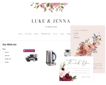 Luke and Jenna’s wedding registry page, wedding invitation and thank you card—all with matching floral designs.