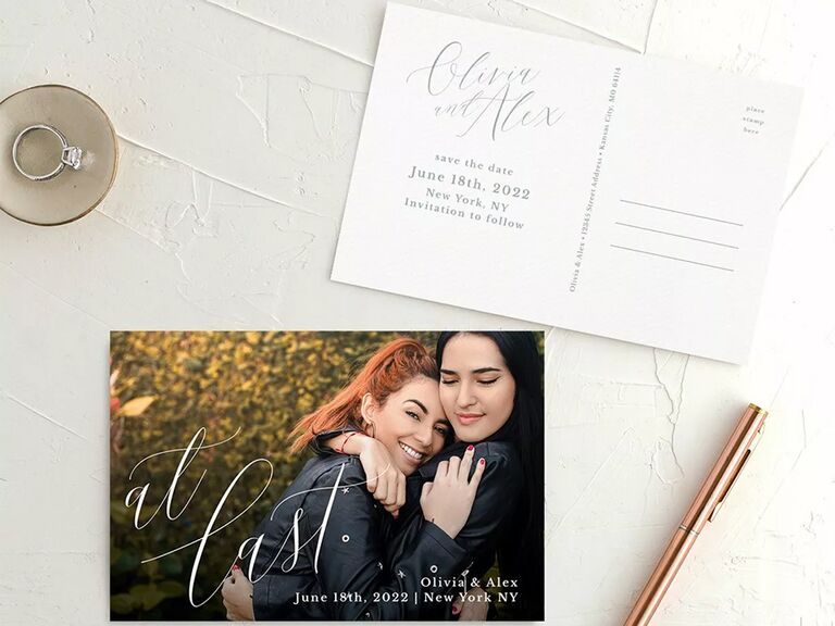 Personalized photo with 'at last' in white calligraphy on front