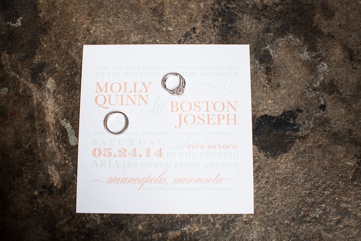 Paperista created the modern dusty green and orange invitations to set the tone for the fun, modern wedding theme. The block font combined with the more elegant typography was definitely quirky and sophisticated. Orange and dusty green also matched the colorful hues.