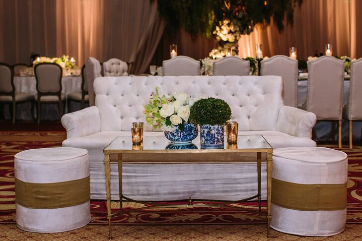 Another design aspect to created within the ballroom was intimate seating around the dance floor consisting of sofas and ottomans, which allowed guests who weren't ready to dance to still feel included.