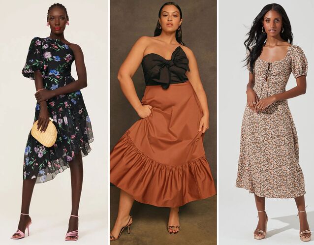 collage of three fall wedding guest dresses for autumn