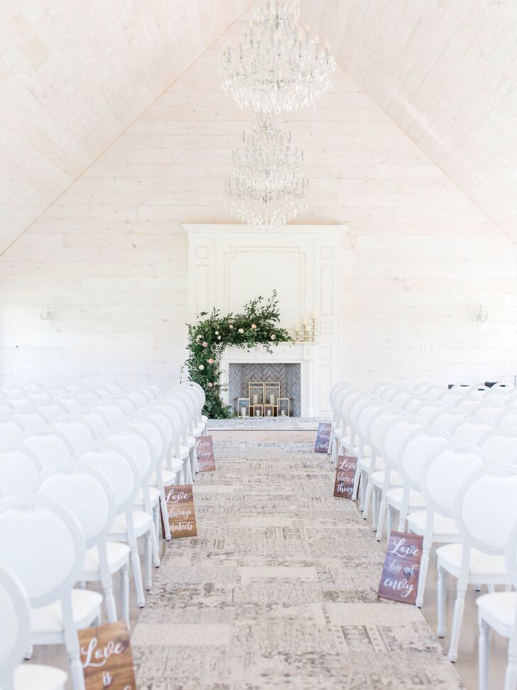 White Barn Wedding with Greenery and Chandeliers