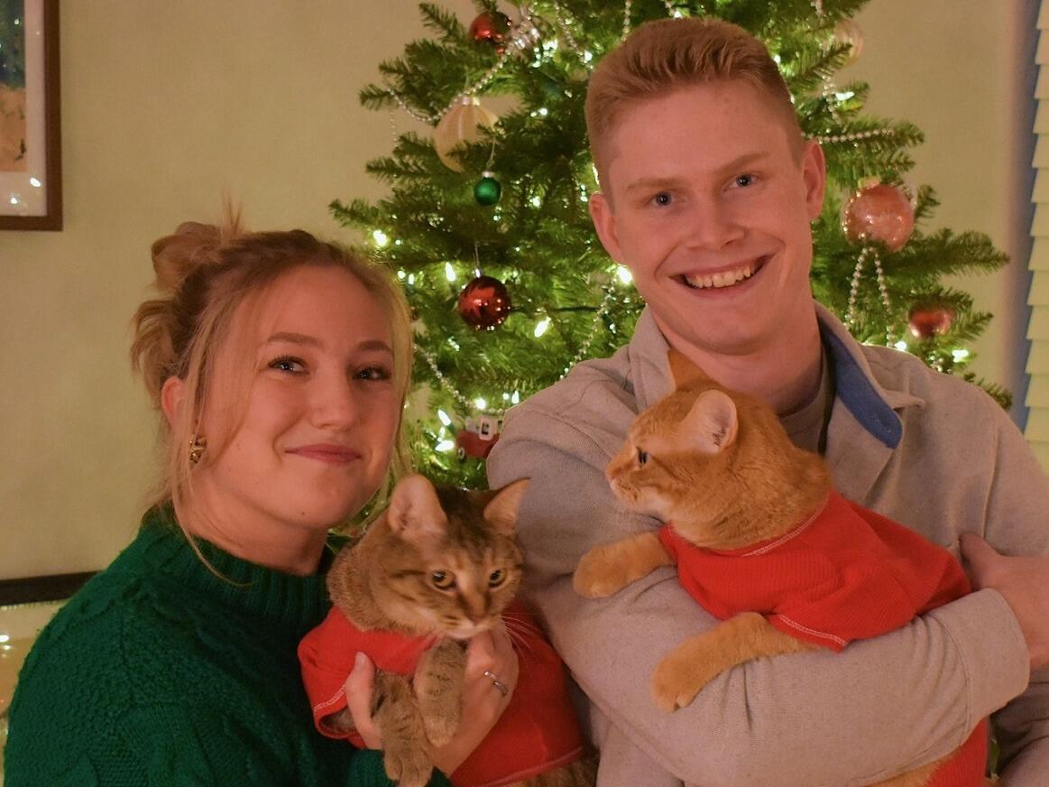 Our first family picture and holiday card in our first apartment together! Feat. our sweet babies Duck (left) and Goose (right)