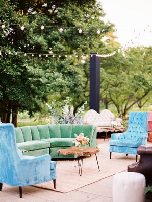 A Colorful Lounge Area Underneath String Lights Welcomed Wedding Guests