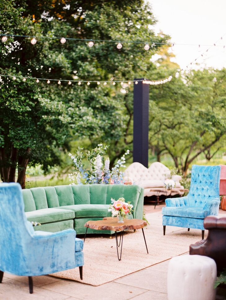 A Colorful Lounge Area Underneath String Lights Welcomed Wedding Guests
