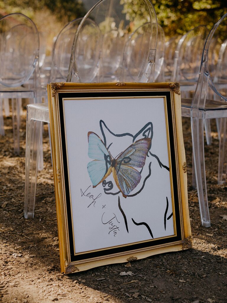 Butterfly and dog wedding welcome sign
