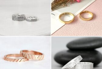Collage of four matching promise ring sets for couples