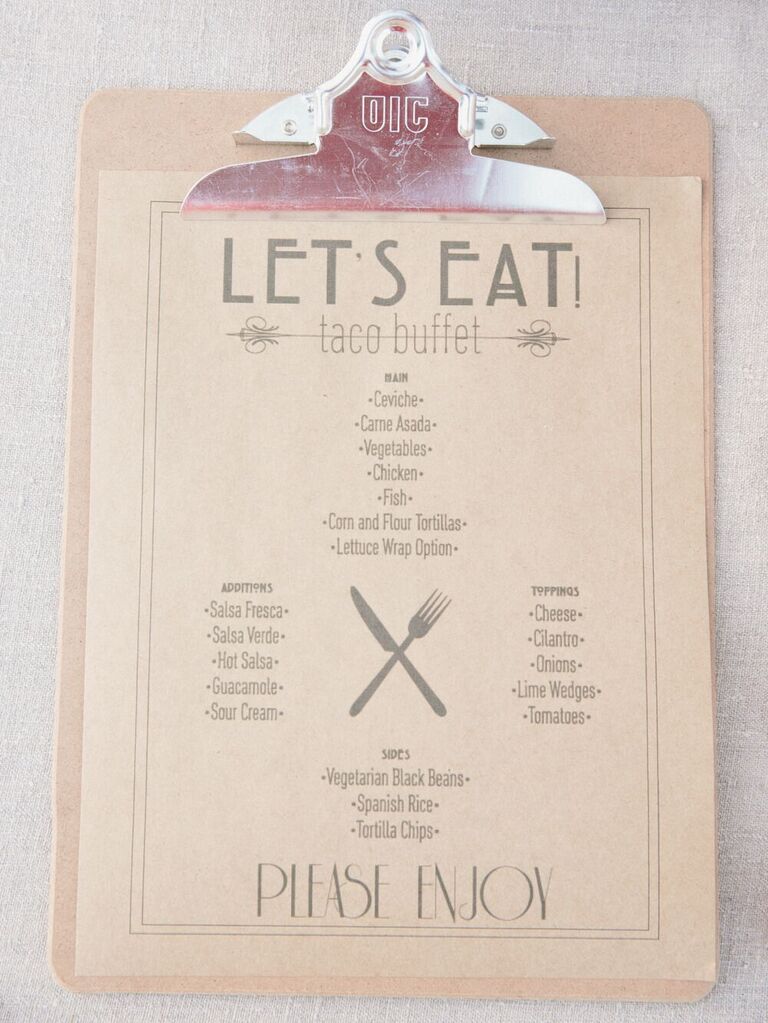 Stylish taco bar buffet menu on a clipboard. 